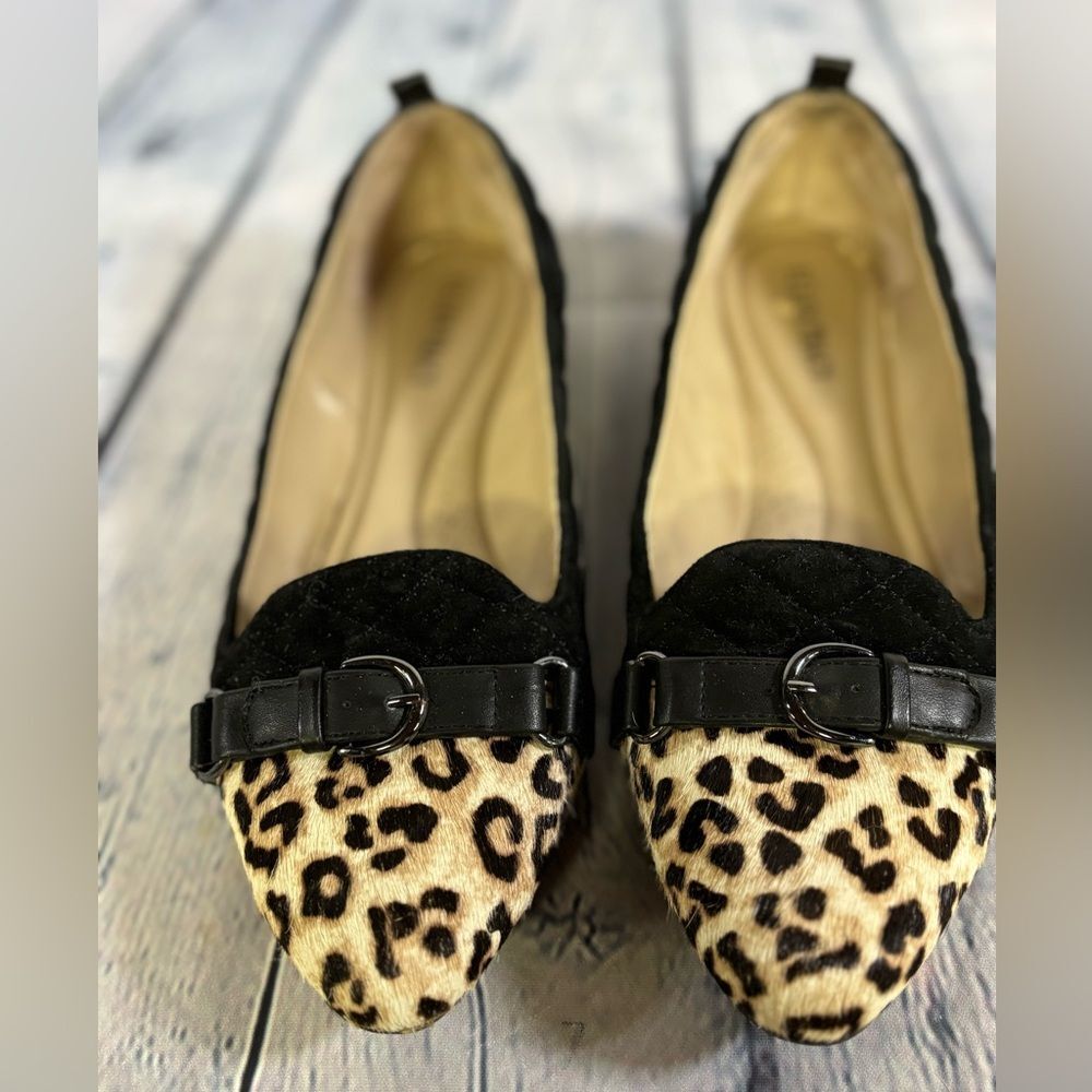 Ellen Tracy Black Brushed Leather Leopard Print Classic Preppy Loafer Shoes 9